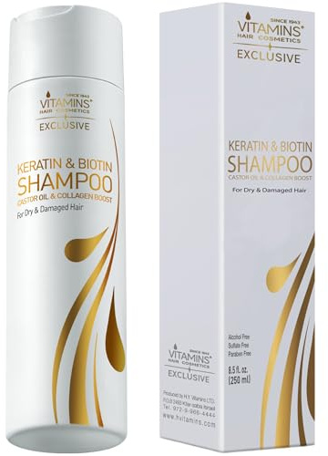 Vitamins Keratin Shampoo für kaputtes Haar - Haarpflege Feuchtigkeitsshampoo mit Biotin, Collagen, Castor Oil, Arganöl und Kokosöl Hair Treatment für Damen und Herren