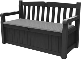 Keter Sitzbank Eden für Balkon und Garten, Gartenbank mit integrierter Kissenbox mit 265 l Stauraum, 140x60x84cm, wetterfest, pflegeleicht, grau, Outdoor, Holzoptik