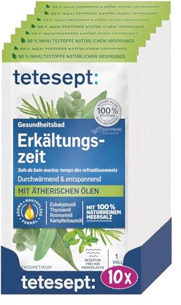 tetesept Meeressalz Erkältungszeit Bad – 10 x 80 g – Gesundheitsbad für die kalte Jahreszeit mit 6 ätherischen Ölen – Wohltuender Badezusatz mit natürlichem Meeressalz