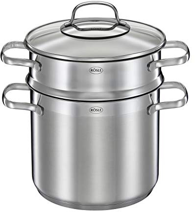 RÖSLE ELEGANCE Pastatopf, Hochwertiger Edelstahltopf zur Zubereitung von Nudeln oder Gemüse, 5 Liter, Edelstahl 18/10, Pastaeinsatz, Innenskalierung, Induktionsgeeignet, Spülmaschinengeeignet, 29 x 21,5 x 30,5 cm