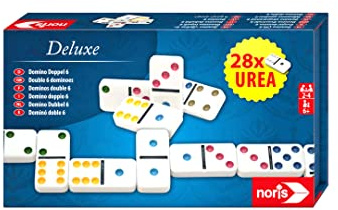 noris Deluxe Doppel 6 Domino – Hochwertiges Urea‑Dominospiel mit 28 Steinen im Magnet‑Aufbewahrungskasten, Familienspiel ab 6 Jahren