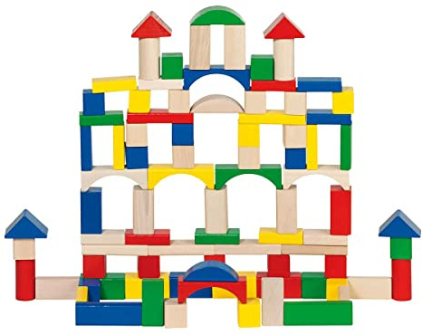 goki 58669 Bausteine aus Holz, 100-teilig, bunt & Natur, Bauklötze für Kinder, fördert Kreativität & Motorik, mit praktischer Aufbewahrungstrommel