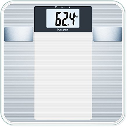 Beurer BG 13 Glas-Diagnosewaage mit großer LCD-Anzeige, misst Gewicht, Körperfett, Körperwasser, Muskelanteil und BMI