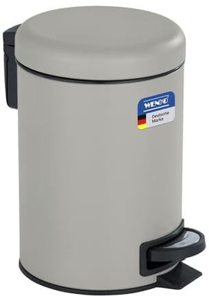 WENKO Kosmetikeimer 3 Liter, Stahl, herausnehmbarer Inneneimer mit Müllbeutelhalter, Mülleimer fürs Bad mit Deckel und Tretfunktion, ausklappbarer Tragegriff, Taupe matt, Mod. Leman