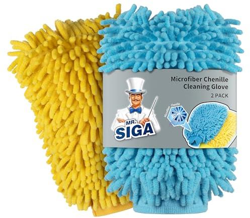 MR.SIGA Hochwertig Mikrofaser Waschhandschuh Weiche Chenille Autowaschhandschuh, 2 Stück, Blau & Gelb