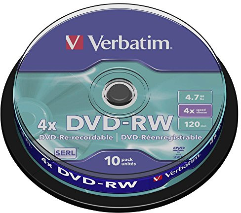 Verbatim DVD-RW 4x Matt Silver 4.7GB 10er Pack Spindel DVD Rohlinge beschreibbar 4-fache Brenngeschwindigkeit & Hardcoat Scratch Guard DVD leer Rohlinge DVD wiederbeschreibbar DVDVER00072B