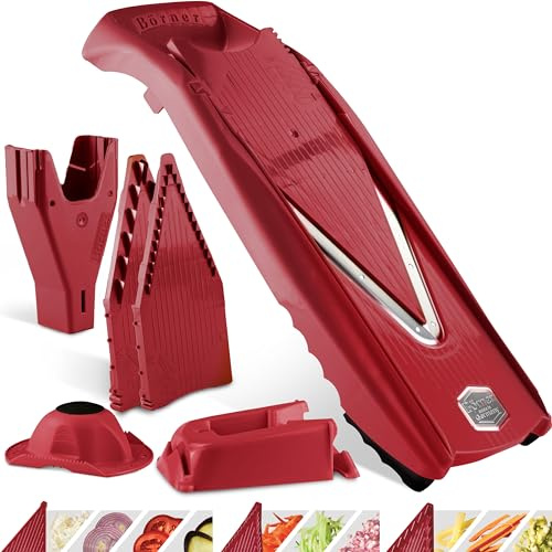 Börner V5 PowerLine Gemüsehobel - Profi Set - Mit Dockingstation - Rot | Mit 3 Einsätzen + Fruchthalter + Schieberbox - 10 Schnittarten - Stifte & Würfel in 4 Größen - BPA-frei - Made in Germany