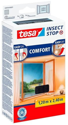 tesa INSECT STOP Klett Fliegengitter Premium für Fenster, Insektenschutz mit starkem Klettband, rückstandsfrei entfernbar, zuschneidbar, ohne Bohren - 120 cm x 240 cm - Anthrazit (Durchsichtig)