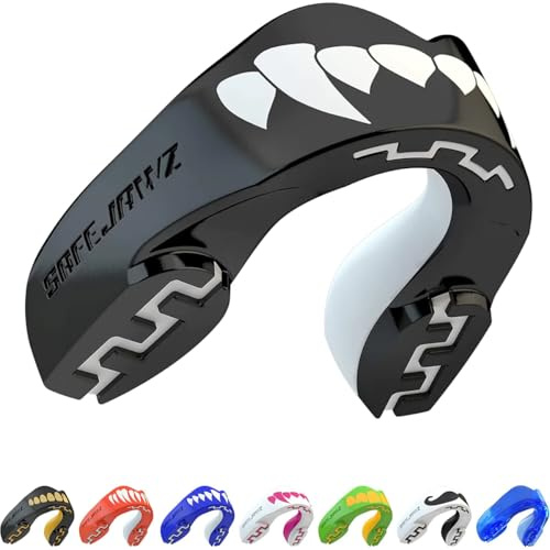 SAFEJAWZ Sport Zahnschutz Erwachsene und Kinder Sport Mundschutz Für alle Vollkontakt-Sportarten einschließlich Rugby, MMA, Kampfsport, Hockey & Boxe (Black Fangz, Erwachsene (12+ Jahre))