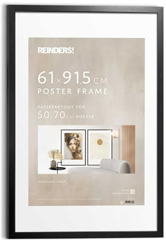 REINDERS Bilderrahmen 61 x 91.5 cm, Schwarz | Passgenauer 61 x 91,5 cm Posterrahmen mit Passepartout und zusätzlich fixierter Rückwand