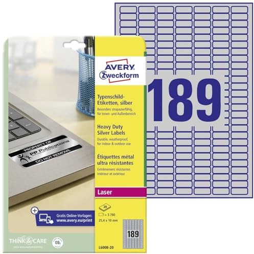 AVERY Zweckform L6008-20 Typenschild Folienetiketten (3.780 Aufkleber, 25,4x10mm auf A4, stark selbstklebend, strapazierfähig, wetterfest, bedruckbare Klebefolie, blanko) 20 Blatt, silber
