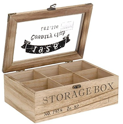 ToCi Teebox Holz Natur mit 6 Fächern – Rechteckige Teekiste mit Sichtfenster im Vintage-Look - Teedose zur Aufbewahrung von Teebeuteln, Gewürzen & Kleinteilen | 24 x 16 x 8,5 cm