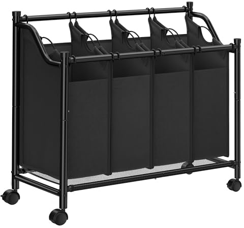 SONGMICS Wäschekorb, Wäschesammler, Wäschesortierer mit 4 abnehmbaren Stofftaschen, Rollen, Aufbewahrung für Spielzeug, 4 x 35 Liter, schwarz LSF005