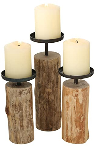 Boltze Kerzenständer Tempe (3-teiliges Set, Kerzenhalter aus Holz + Metall, stilvolles Design, Dekoration Esstisch / Kommode, Boho Stil) 4221400, Wood