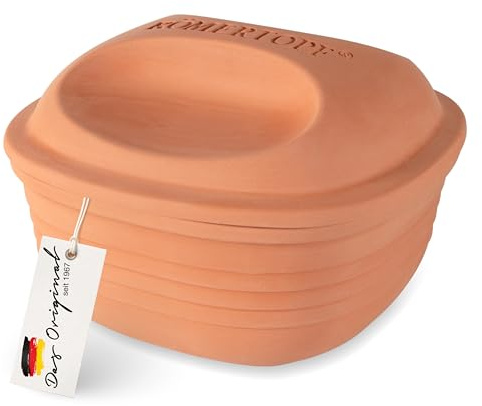 Römertopf Multibräter quadratisch aus Naturton, 2 Liter, ca. 23 x 23 x 16,5 cm, Keramikbräter für 4 Personen, fettfrei garen im Ofen, für Aufläufe, Brot und Braten