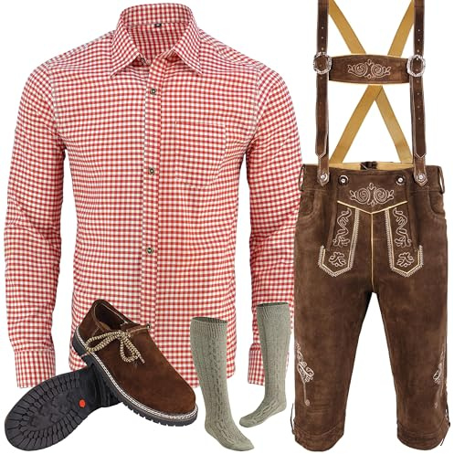 Speed4allkinds Trachtenset Trachten Set Herren Trachtenlederhose+Hosenträger +Trachtenhemd+Schuhe+Socken 5 Teiliges Bayerische Trachten Set, Echtleder,Hochwertiges Trachtenset für Oktoberfest Gr.46-62