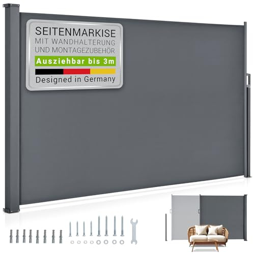 Juskys® Seitenmarkise Dubai 180 x 300 cm ausziehbar Blickdicht, Sichtschutz für Balkon & Terrasse, Seitenrollo mit Wandhalterung - grau