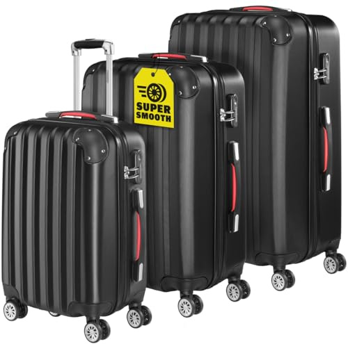 Monzana® 3tlg. Kofferset Baseline Hartschalen Koffer M-L-XL Gel-Griffe 4 Rollen Kantenschutz Schloss Standfüße Trolley Rollkoffer Reisekoffer schwarz