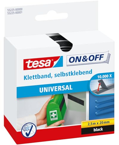 tesa On & Off Klettband zum Aufkleben - 2 cm x 250 cm - Schwarz | Selbstklebendes Klettklebeband zur Befestigung leichter Gegenstände, Textilien oder Dekorationen - individuell zuschneidbar