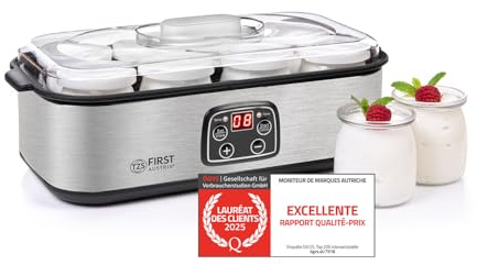 TZS First Austria - Joghurtbereiter 25W inkl. 8 Glasbehälter à 180 ml für bis 1,4L selbstgemachten Joghurt - Yogurt Maker mit Temperatur 20-55°C, Abschaltautomatik & LCD-Display - Joghurtmaschine weiß