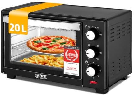 TZS First Austria - Mini-Backofen 20L, mit Umluft, platzsparend | Stufenlose Temperaturregelung bis 230 °C, Timer, Innenbeleuchtung, Backblech & Krümelschale, optimale Wärmeverteilung