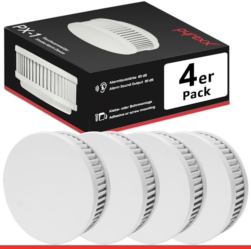 Pyrexx PX-1 Rauchwarnmelder - 4 Stück - 10 Jahre Batterie mit Magnet-Halterung ohne Bohren und LED-Blinken, Zertifiziert nach Q-Label, Weiß
