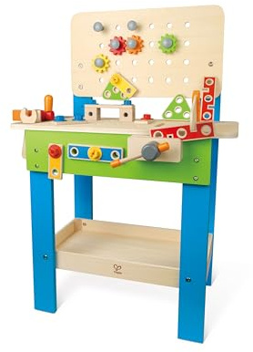 Hape Meister-Werkbank | Preisgekrönte Werkzeugbank für Kinder aus Holz Spielzeug Spiel kreatives Bauen, Höhenverstellbar 35-teilige Werkstatt für Kleinkinder