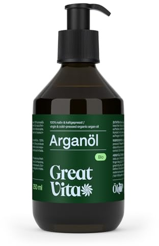 GreatVita Bio Arganöl 250 ml | 100% reines kaltgepresstes Arganöl aus Marokko - zur Haut- & Haarpflege – unraffiniert & naturrein – für Gesicht, Haare, Bart & DIY-Kosmetik