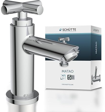 Schütte Kaltwasserhahn MATAO, Kaltwasser Armatur für das Bad, Wasserhahn Bad nur für Kaltwasser, Standventil mit schickem Kreuzgriff, 37956