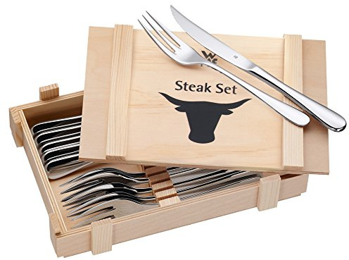 WMF Steakbesteck 12-teilig, Steakbesteck Set für 6 Personen, Steakmesser Set, Steakgabel, Cromargan Edelstahl poliert, Grillbesteck in Holzkiste