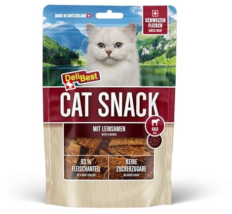 DeliBest Cat Snack aus 100% Schweizer Kalbfleisch I Katzen Leckerlies getreidefrei I halbfeuchte Leckerlies leicht verdaulich I Katzen Snack für Fellglanz I Allergiker geeignet 45g