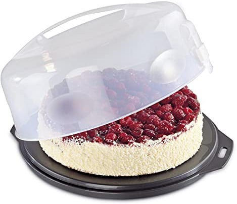 Xavax Kuchen-Transportbox rund mit Deckel Kuchenbehälter 31,5 cm Durchmesser, Innenhöhe 8 cm,Kuchenbox mit Stückeinteilungshilfe,Tortenplatte anthrazit, Transparent