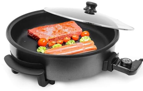 Shov Elektrische Pfanne – Multifunktionale Partypfanne, elektrische Pfanne, Bratpfanne und Pizzapfanne Ø 42 cm breit und 9 cm tief, ideal für Pizza, Braten und Partys!