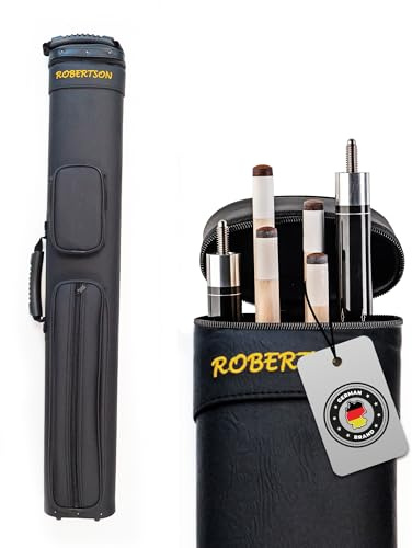 Robertson Billardköcher 2/4 für 2 Queues + 2 extra Oberteile, hochwertiges Profi Cue-Case für optimalen Schutz, große Zubehörtasche und Tragegurt, Länge 85 cm