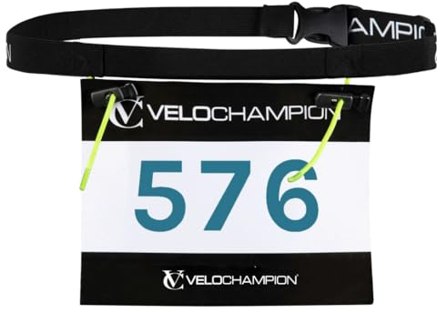 VeloChampion Leichter Laufgürtel Für Damen Und Herren – Elastischer Startnummernhalter Mit Stretch-Passform – Ohne Sicherheitsnadeln – Laufen. Triathlon. Radfahren. Marathon (1, S/M, Schwarz)