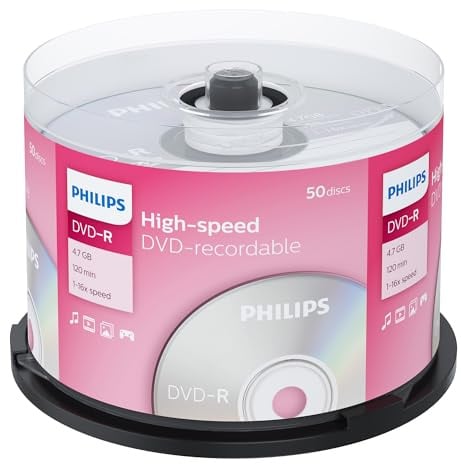 Philips DVD-R Rohlinge High-Speed (4.7 GB /120 Minuten Video, 1-16x Speed, 50er Spindel)