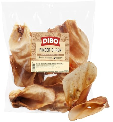 DIBO Rinderohren, 10er-Beutel, der kleine Naturkau-Snack oder Leckerli für Zwischendurch, Hundefutter, Qualitätskauartikel ohne Chemie