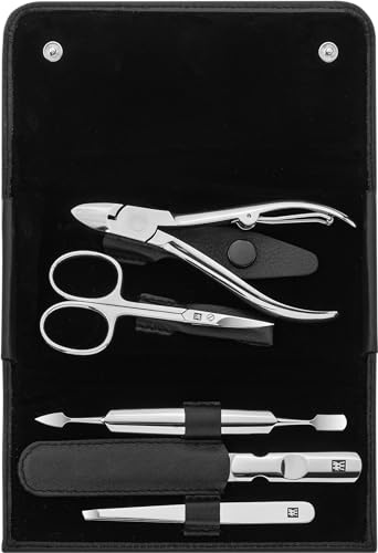 ZWILLING Maniküre-Set (5 teilig, Nagelpflege und Pediküre mit Echtleder Etui mit Nagelzange), Edelstahl Poliert, Schwarz