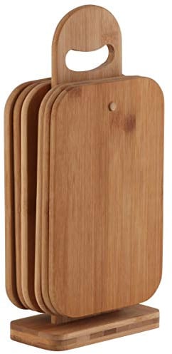Axentia Schneidebrett-Set 7 teilig - 6 Brettchen aus Bambus-Holz - Brettchenständer mit Frühstücksbrettchen - Holzbrett hohe Schnittfestigkeit & schonend für Messerklinge - Brett für Küche, 22 x 14 x 0,8 cm