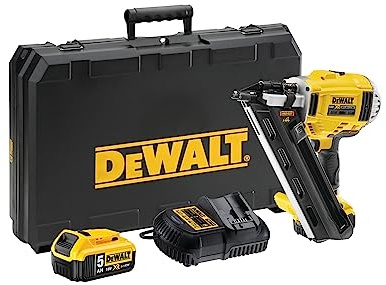DEWALT 18 Volt Akku-Nagler DCN695P2 (für papier- und drahtgebundene D-Kopf- und außenmittige Rundkopfnägel von 50 – 90 mm Länge, Einzelauslösung, inkl. 2x 18 Volt / 5 Ah Akkus und Ladegerät, Koffer)