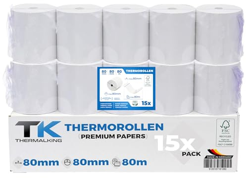 THERMALKING Thermorollen 80mm x 80mm x 12mm [für Bondrucker wie Epson, IBM & co.] - Bonrollen 80x80x12 Thermo - Kassenrollen Thermopapier - Geeignet für Drucksysteme mit Papierbedarf bis 80m (15 Stk)