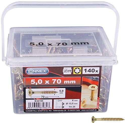 Connex Universalschrauben 5,0 x 70 mm - 160 Stück im Set - Senkkopf - TX-Antrieb - Teilgewinde - Gelb verzinkt / Schrauben-Set / Schrauben-Eimer / B30195