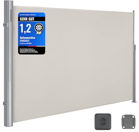 SONGMICS Alu-Seitenmarkise, ausziehbar, 200 x 300 cm, Sichtschutz, Sonnenschutz, blickdicht, Seitenrollo, für Balkon, Terrasse, Garten, beige GSA200E