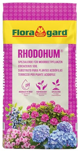 Floragard Rhodohum Rhododendronerde 40 L – pH-saure Moorbeeterde mit lockerer Struktur & guter Wasserspeicherung – ideal zum Pflanzen von Rhododendren, Azaleen & Anderen Moorbeetpflanzen im Garten