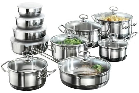 Karcher Topfset Jasmin 20-teilig | Edelstahl Kochtopf Set Induktion inkl. Glasdeckel | Töpfe & Pfanne spülmaschinenfest & backofenfest | Kochgeschirr für alle Herdarten mit Edelstahlschüsseln