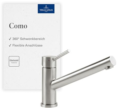 Villeroy & Boch Como Küchenarmatur, Hochdruck, Wasserhahn Küche mit Keramikkartusche und 360° Schwenkbereich, Spültischarmatur wassersparend, Auslauf Höhe 135mm, Edelstahl massiv