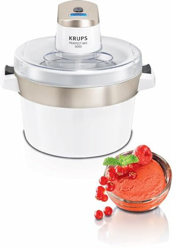 Krups GVS241 Eismaschine Venice Perfect Mix | 1L hausgemachtes Eis, Sorbet, Frozen Jogurth | Ohne Kompressor | Inklusive Rezeptheft und Silikonlöffel | Digitalanzeige und Signalton, Weiß