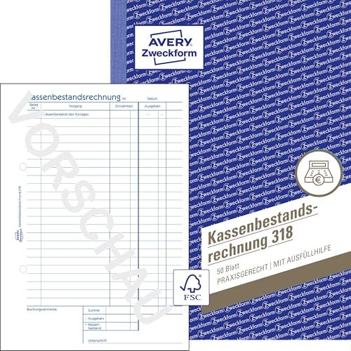 AVERY Zweckform 318 Kassenbestandsrechnung (A5, 50 Blatt, Ermittlung der Tageseinnahmen & Kassenbestand, von Rechtsexperten geprüft, für DE/AT, zur ordnungsgemäßen Buchführung) weiß