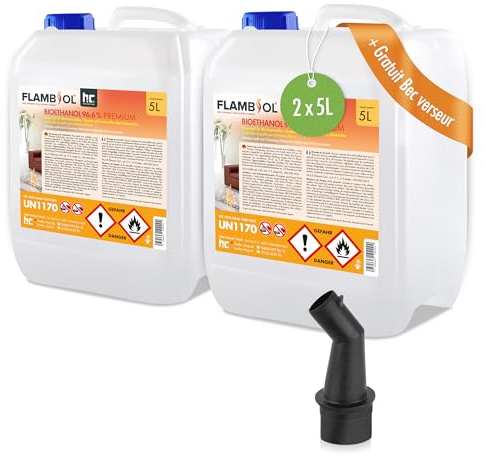 Höfer Chemie 2 x 5 L (10 Liter) FLAMBIOL® Bioethanol 96,6% Premium für Ethanol Kamin, Ethanol Feuerstelle, Ethanol Tischfeuer und Bioethanol Kamin