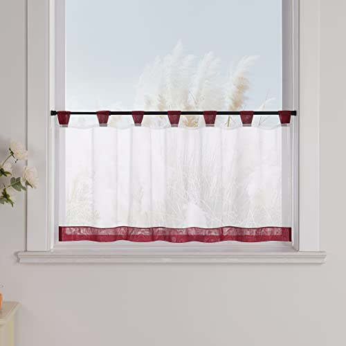 Yujiao Mao Voile Scheibengardine mit Schlaufen, Weiß Weinrot, HxB 45x90 cm | Küchengardine, Bistrogardine für Küche und kleine Fenster, transparente Kurzgardine, Sichtschutz, Landhausstil